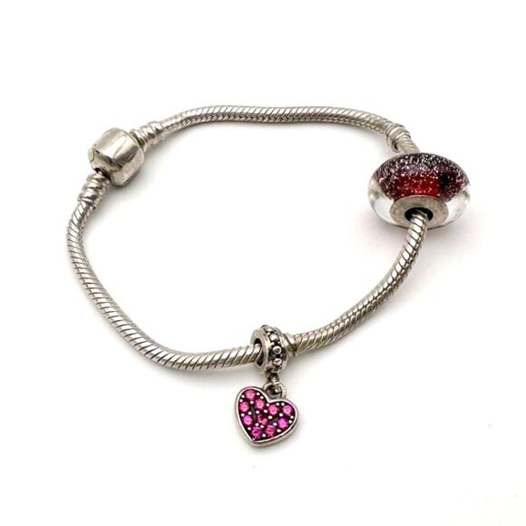 Pandora Sterling Silver Bracelet w/ Red Rhinestone Pave Heart Dangle Charm - Picture 4 of 8